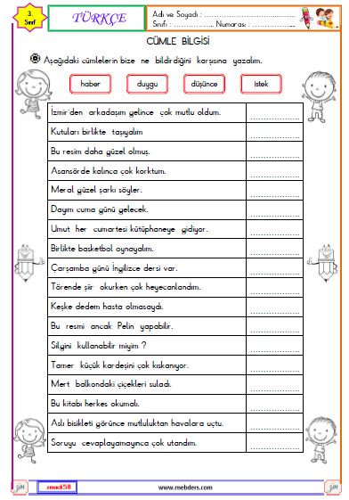 3. Sınıf Türkçe Cümle Bilgisi Etkinliği